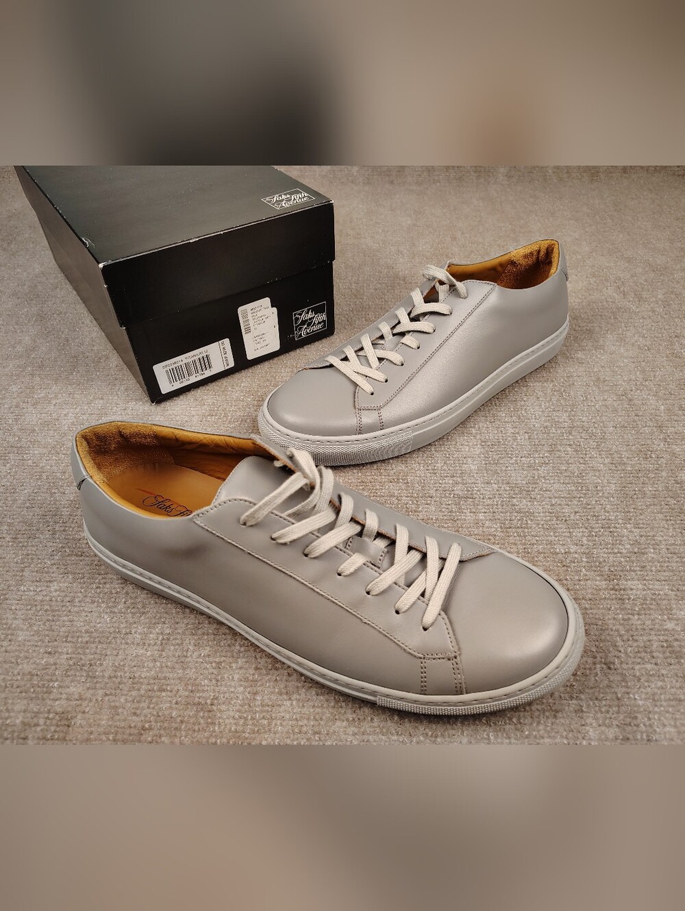 Men’s Saks Fifth Avenue Low-Top Leather Sneakers Titanium Size 12 US/45 EU ITALY